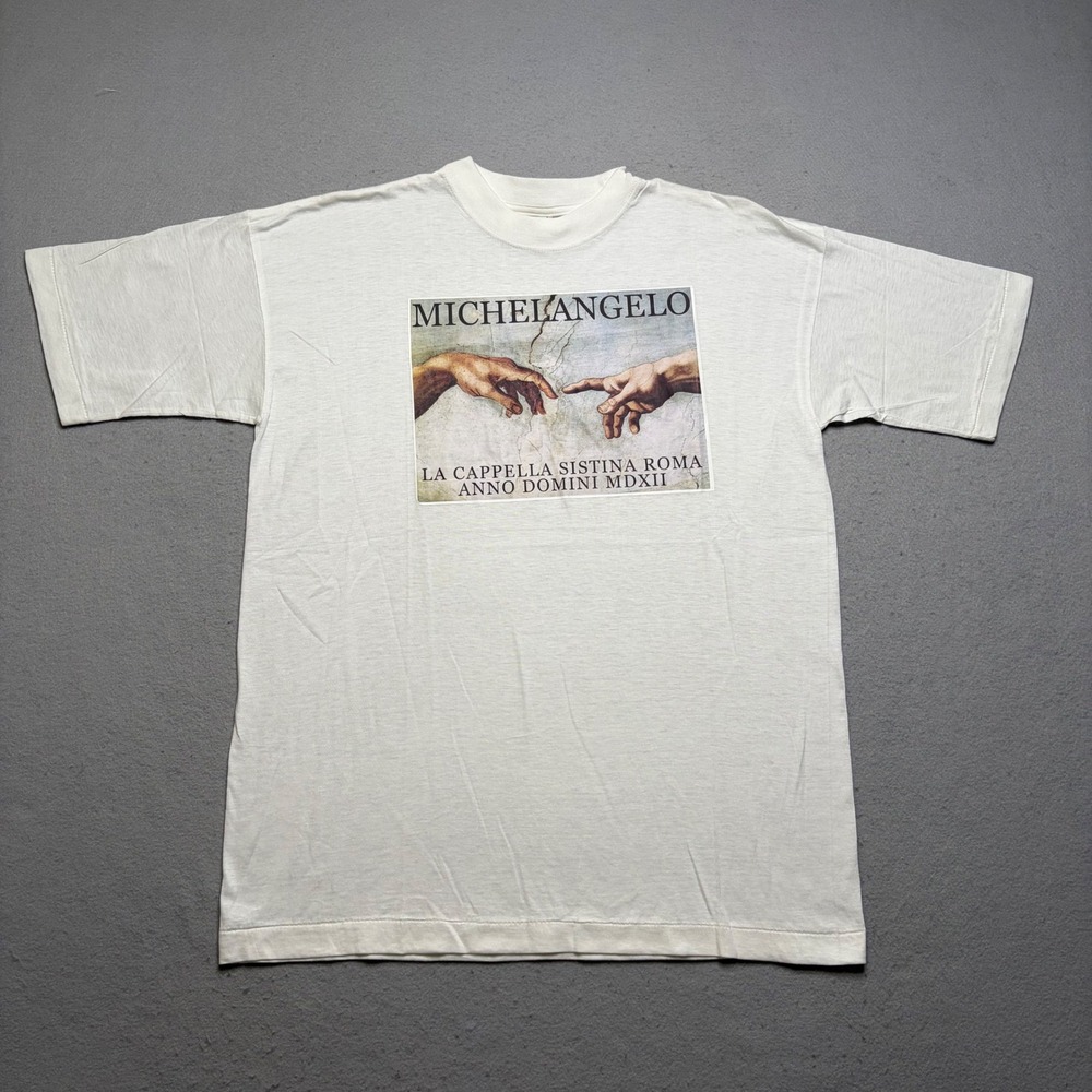 Skipper T-Shirt Mens Large White Michelangelo Creation of Adam Vintage 90s Art